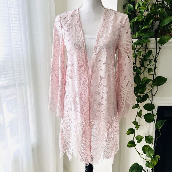 Love, Fire Tops - Love, Fire Soft Pink Lacy Dainty Feminine Kimono Blouse Size Small